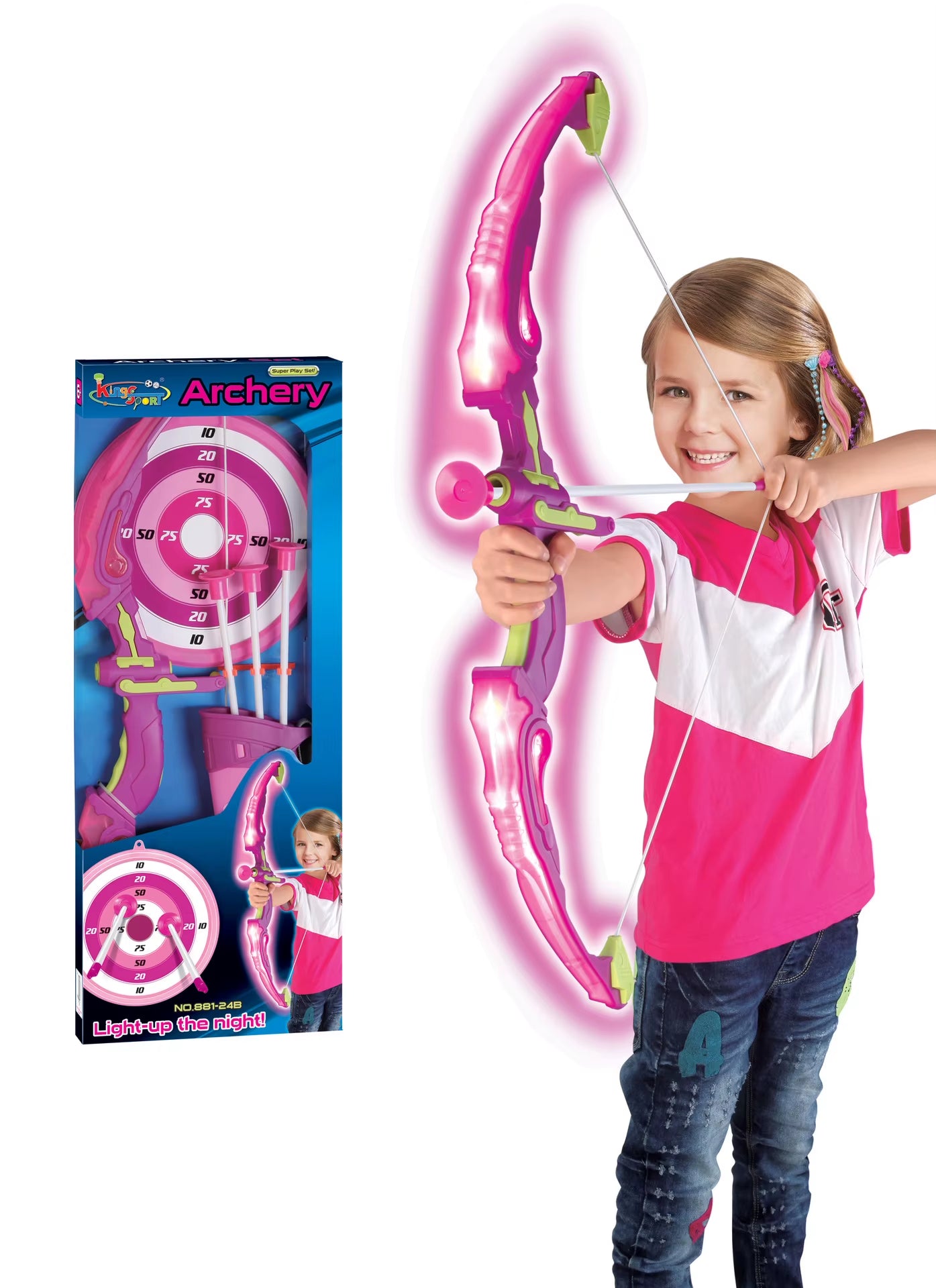 Kids Shooting Set Bow and Arrow Set with Flashing Pink LED Lights Arrow Rack Target and Quiver Hunting Chain for Boys Girls