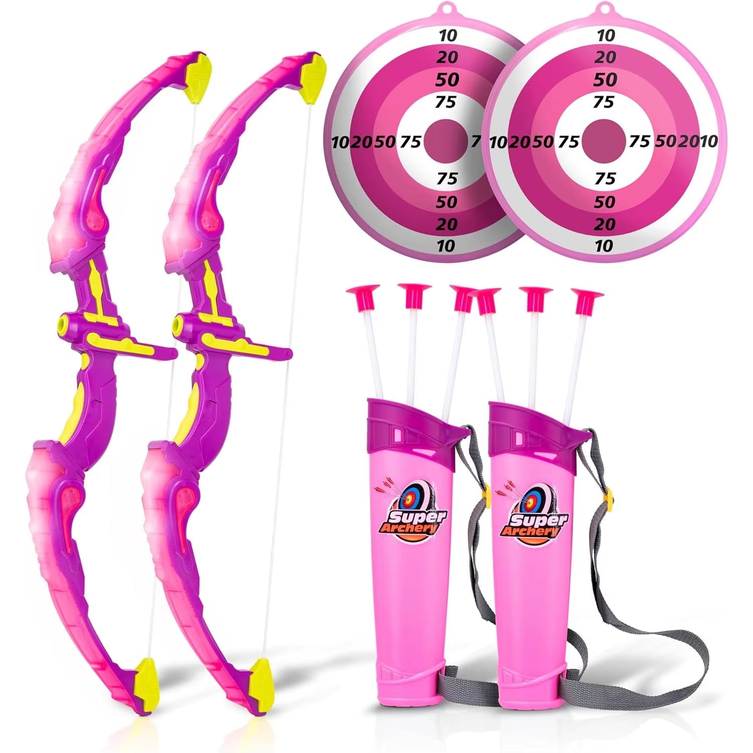 Kids Shooting Set Bow and Arrow Set with Flashing Pink LED Lights Arrow Rack Target and Quiver Hunting Chain for Boys Girls