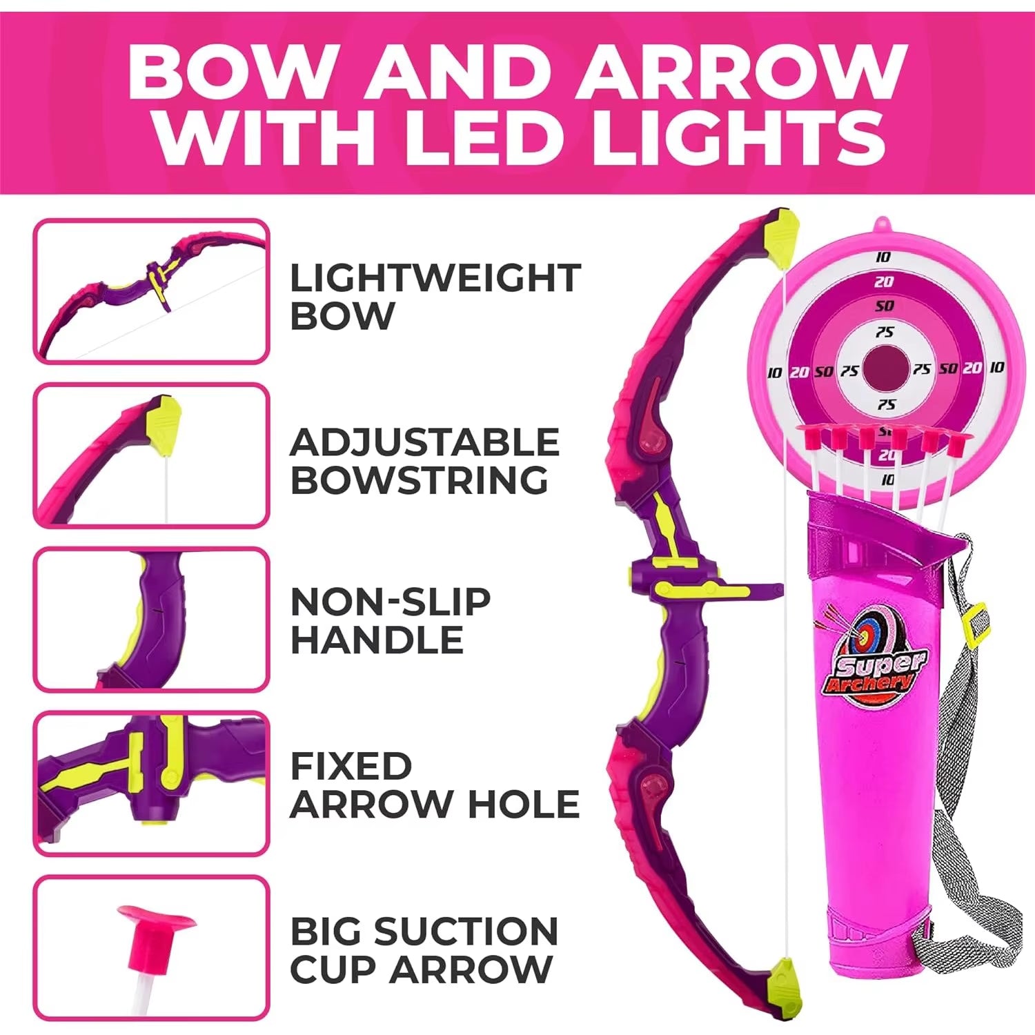 Kids Shooting Set Bow and Arrow Set with Flashing Pink LED Lights Arrow Rack Target and Quiver Hunting Chain for Boys Girls