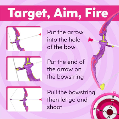 Kids Shooting Set Bow and Arrow Set with Flashing Pink LED Lights Arrow Rack Target and Quiver Hunting Chain for Boys Girls