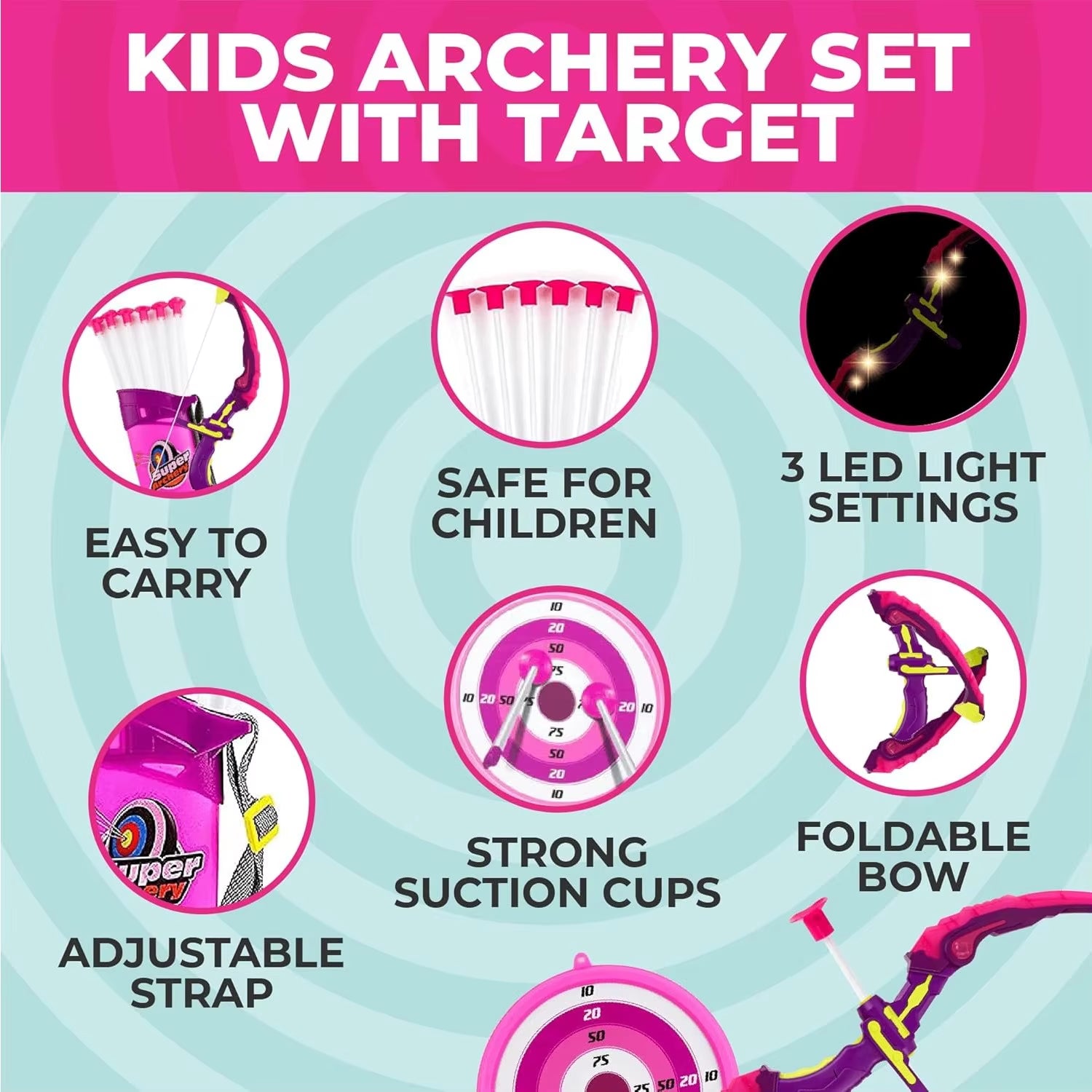 Kids Shooting Set Bow and Arrow Set with Flashing Pink LED Lights Arrow Rack Target and Quiver Hunting Chain for Boys Girls