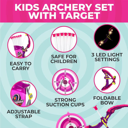 Kids Shooting Set Bow and Arrow Set with Flashing Pink LED Lights Arrow Rack Target and Quiver Hunting Chain for Boys Girls