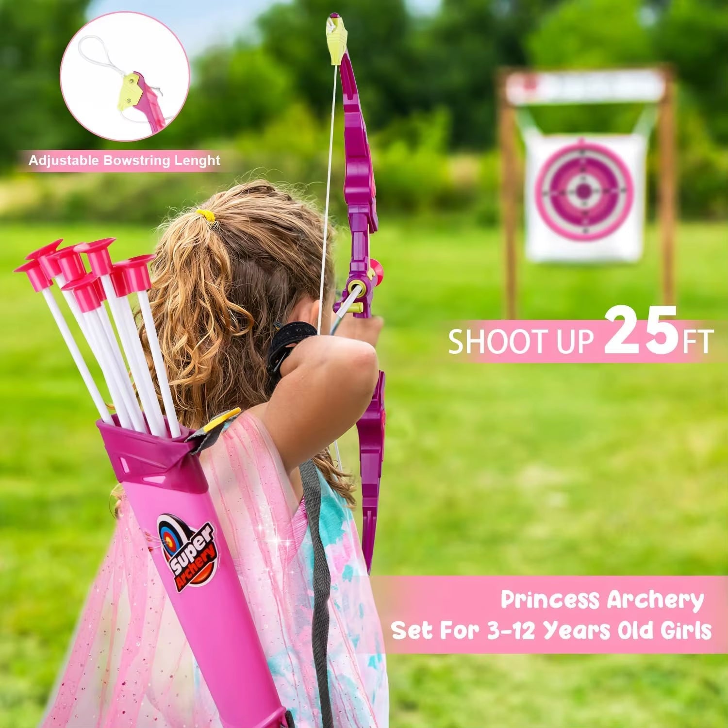 Kids Shooting Set Bow and Arrow Set with Flashing Pink LED Lights Arrow Rack Target and Quiver Hunting Chain for Boys Girls
